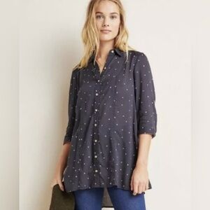 Maeve Anthropologie Monika Navy Dot Tunic Top Shirt Button Down